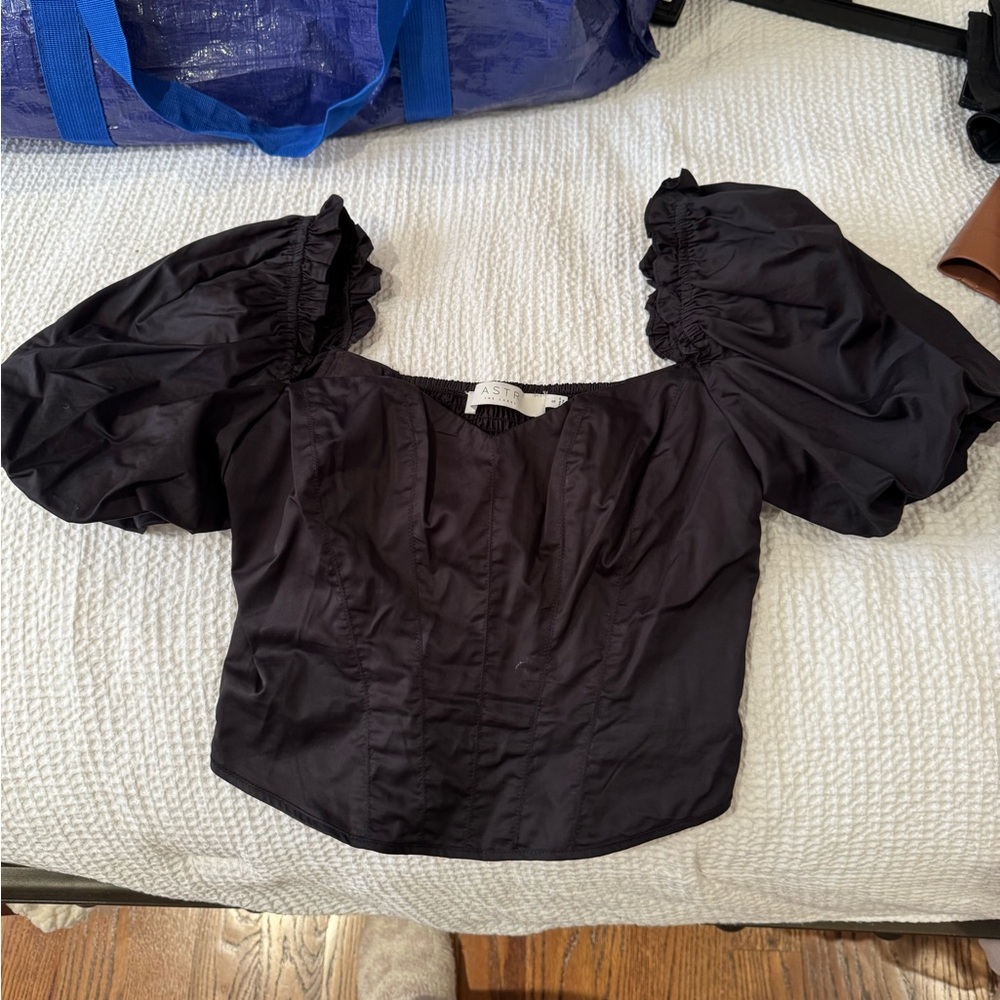 ASTR black corset top with puff sleeves